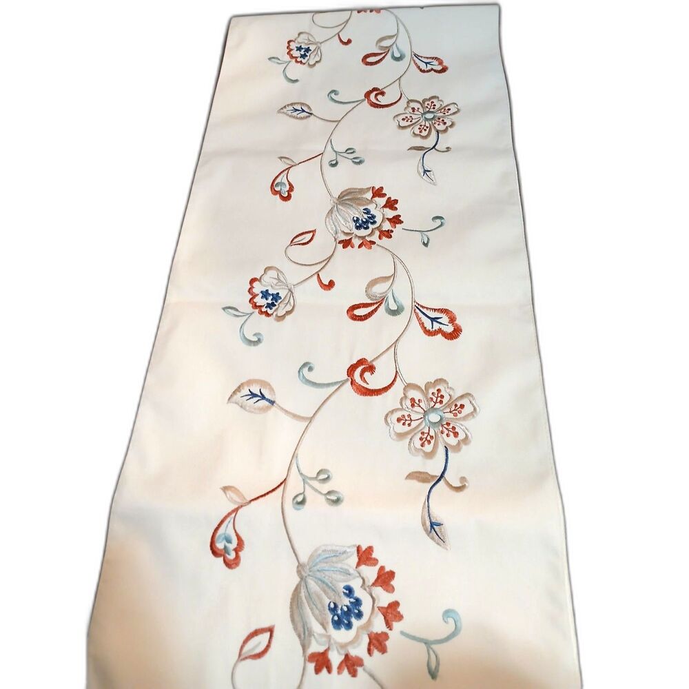 Inspired Treasures Embroidered Table Runner Cream Floral 73x14 Lined New